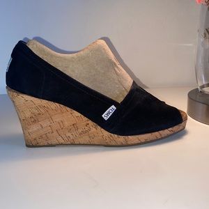 TOMS |  Black Suede Cork Wedge Sandals | Open Peep toe | size 9